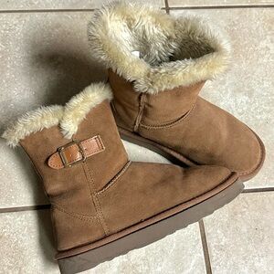Women's Style & Co Tiny2 Chestnut Brown Suede Cozy Tan Fur-Lined Winter Boots